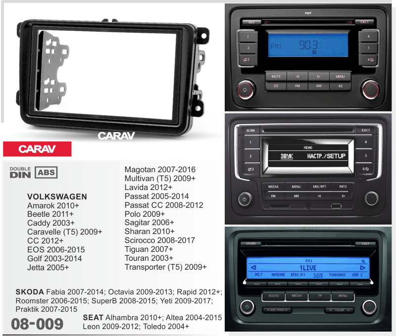 SEAT Altea 2004-15 | Leon 2009-12 | Alhambra 2010+ | Toledo 2004+ / SKODA Fabia 2007-14 | Octavia 2009-13 | SuperB 2008-15 | Yeti 2009-17 | Roomster 2006-15  merkkikohtainen soitin asennuskehys  CARAV 08-009