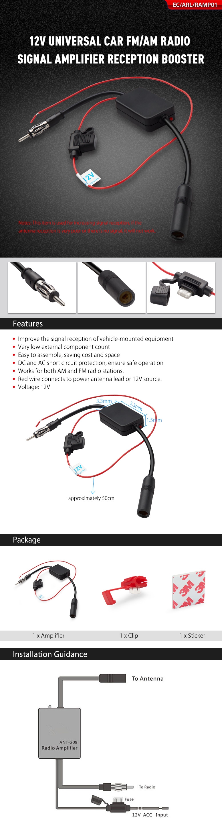 Antennivahvistin autoon 12V Xtrons RAMP01