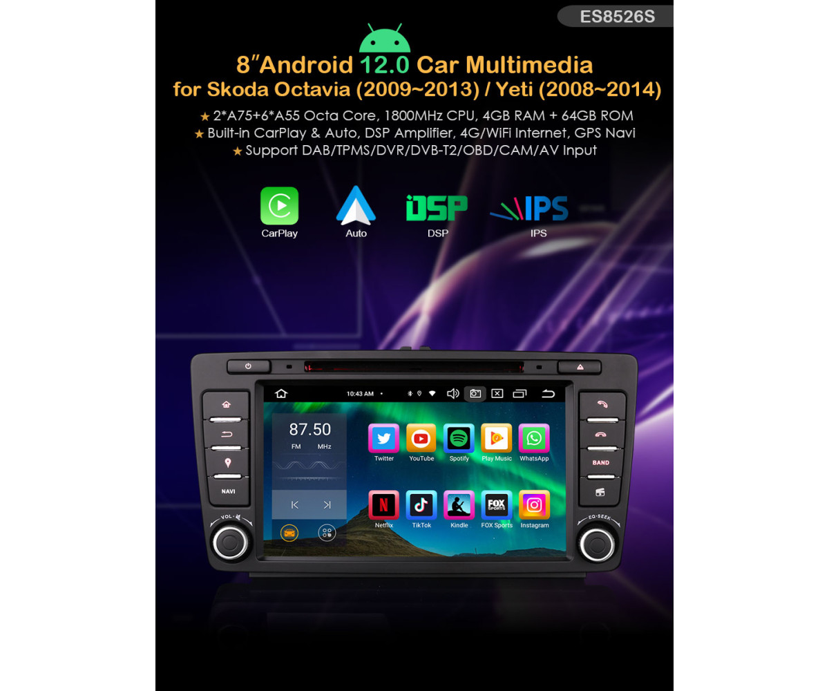 Automedia ES8526S  Auto multivides GPS atskaņotājs ar pielāgotu dizainu