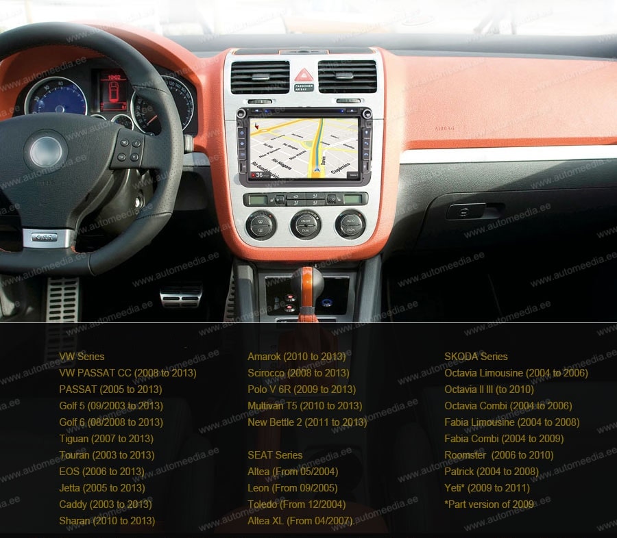 VW Passat B6 | B7 | Multivan | Transporter T5 | T6 | Amarok | Tiguan | Touran | Sharan  Automedia ES8105V Automedia ES8105V custom fit multimedia radio suitability for the car