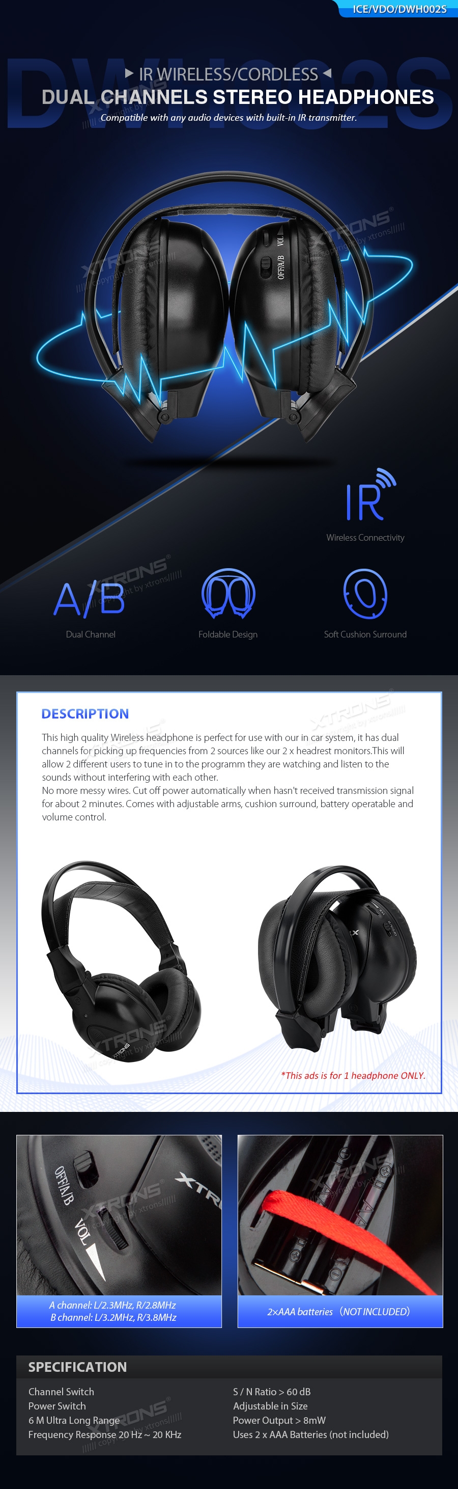 Wireless IR Infrared Headphones for Headrest Players and Overhead Monitors Xtrons DWH002S