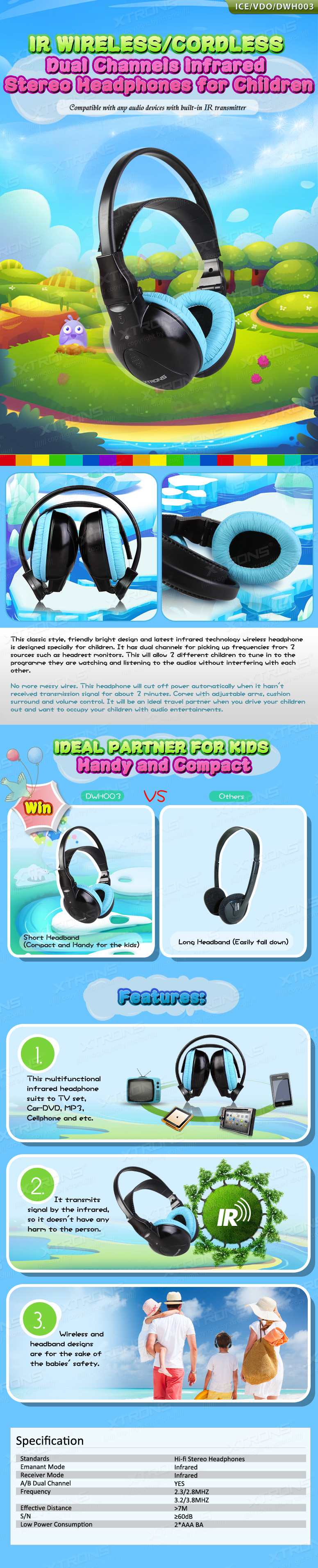Laste juhtmevabad IR infrapuna kõrvaklapid peatoe ja laeekraanidele Xtrons DWH003S