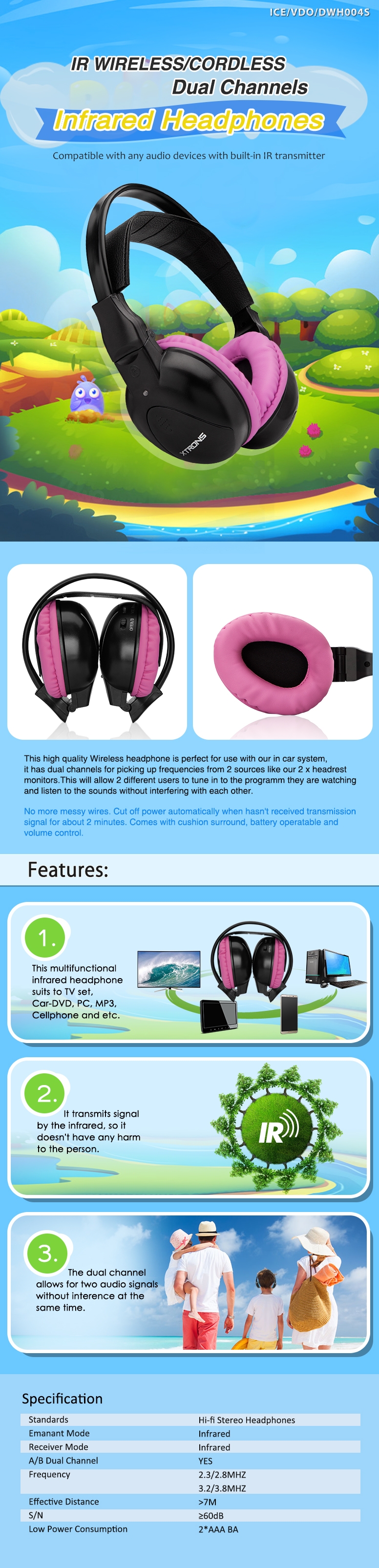 Especially for Kids! Wireless IR Infrared Headphones for Headrest Players and Overhead Monitors Xtrons DWH004S