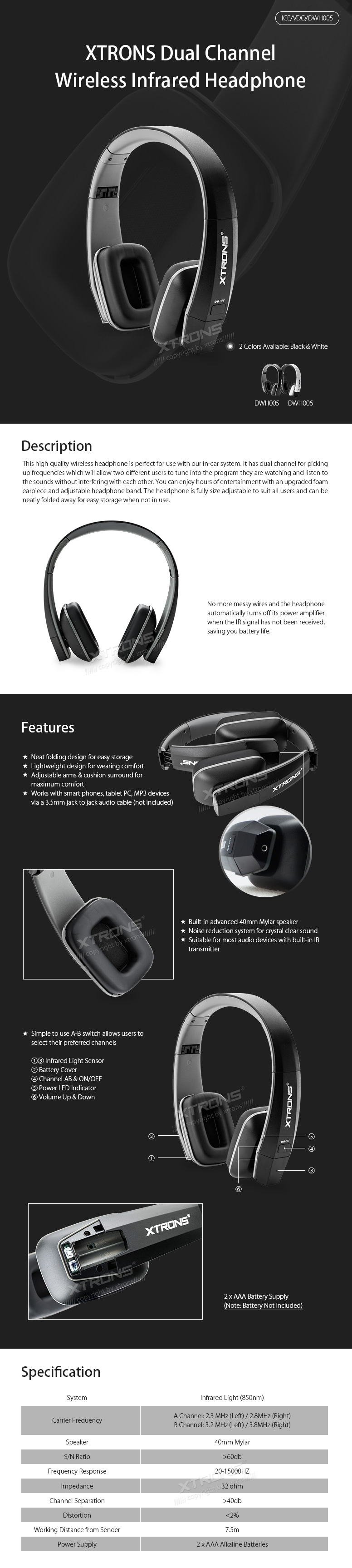Wireless IR Infrared Headphones for Headrest Players and Overhead Monitors Xtrons DWH005