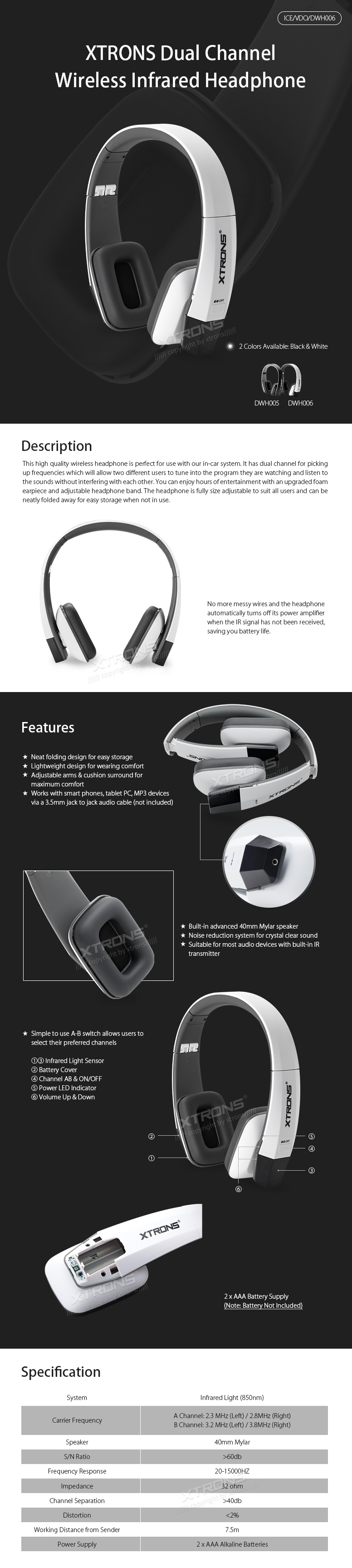 Wireless IR Infrared Headphones for Headrest Players and Overhead Monitors Xtrons DWH006