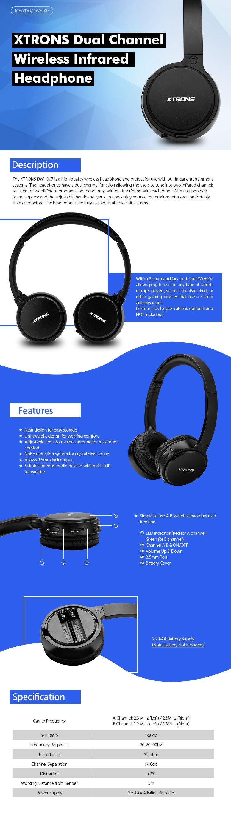 Wireless IR Infrared Headphones for Headrest Players and Overhead Monitors Xtrons DWH007