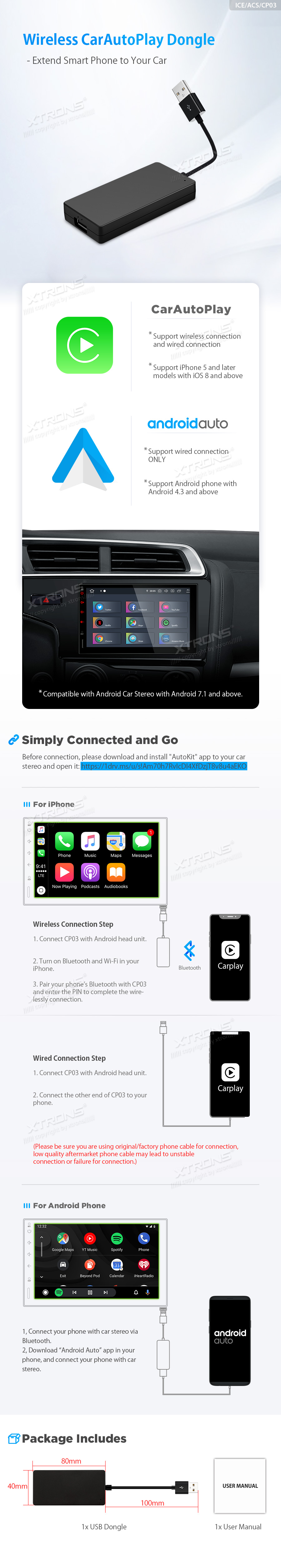 Apple CarPlay (juhtmevaba)/Android Auto (juhtmega) adapter android multimeediakeskusele