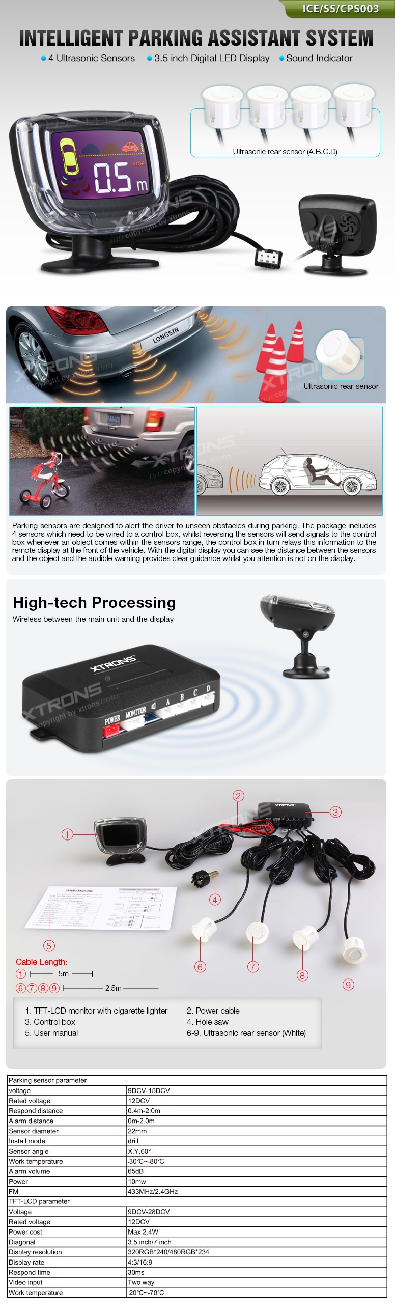 4 x valged ultraheli parkimiandurid + LED ekraan