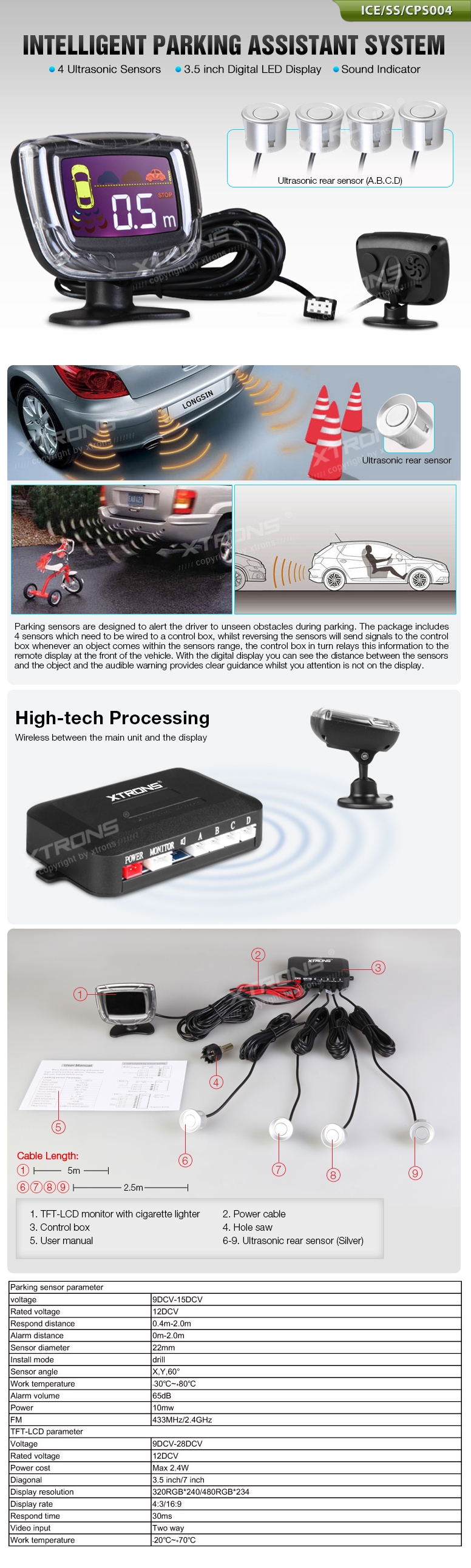 4 x helehallid ultraheli parkimiandurid + LED ekraan