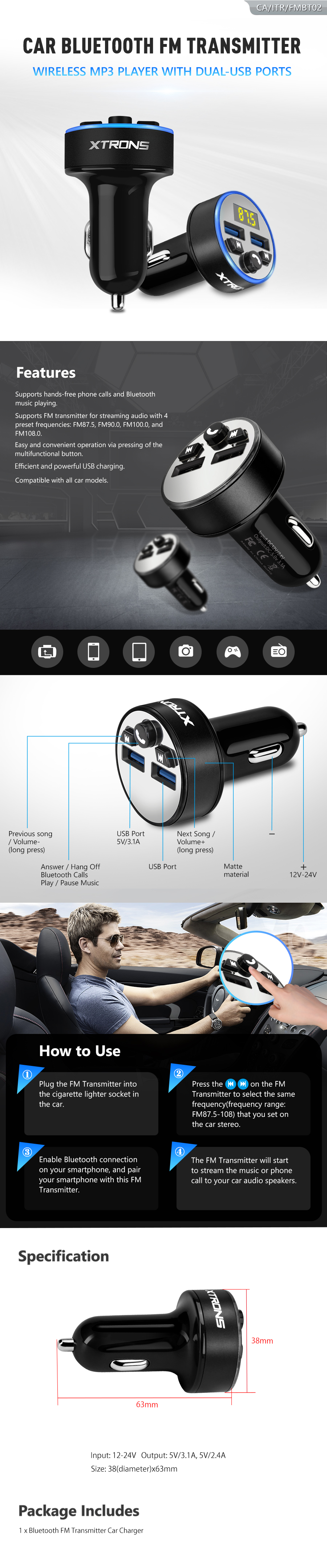 FM Transmitter - telefoni laadija/handsfree kõned/muusika striimimine Xtrons FMBT01