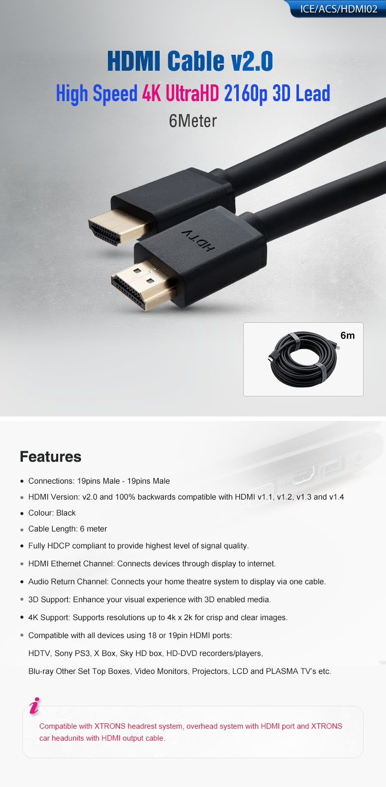 6m High Speed 4K UltraHD 2160p 3D Lead HDMI Cable V2.0