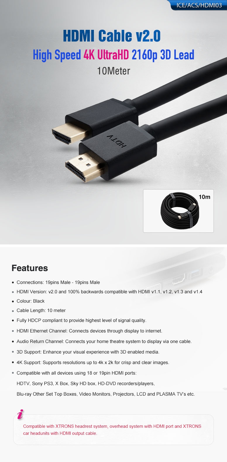 10m High Speed 4K UltraHD 2160p 3D Lead HDMI Cable V2.0