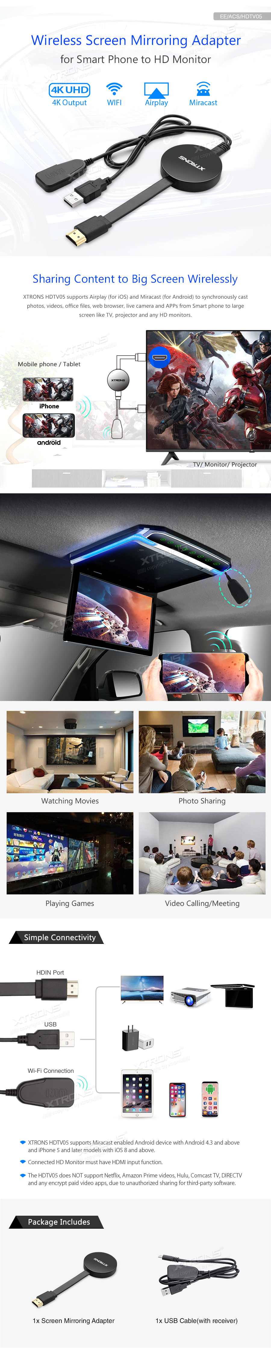 Juhtmevaba HDMI  Screen Mirror/Miracast/Airplay adapter video edastamiseks Xtrons HDTV05