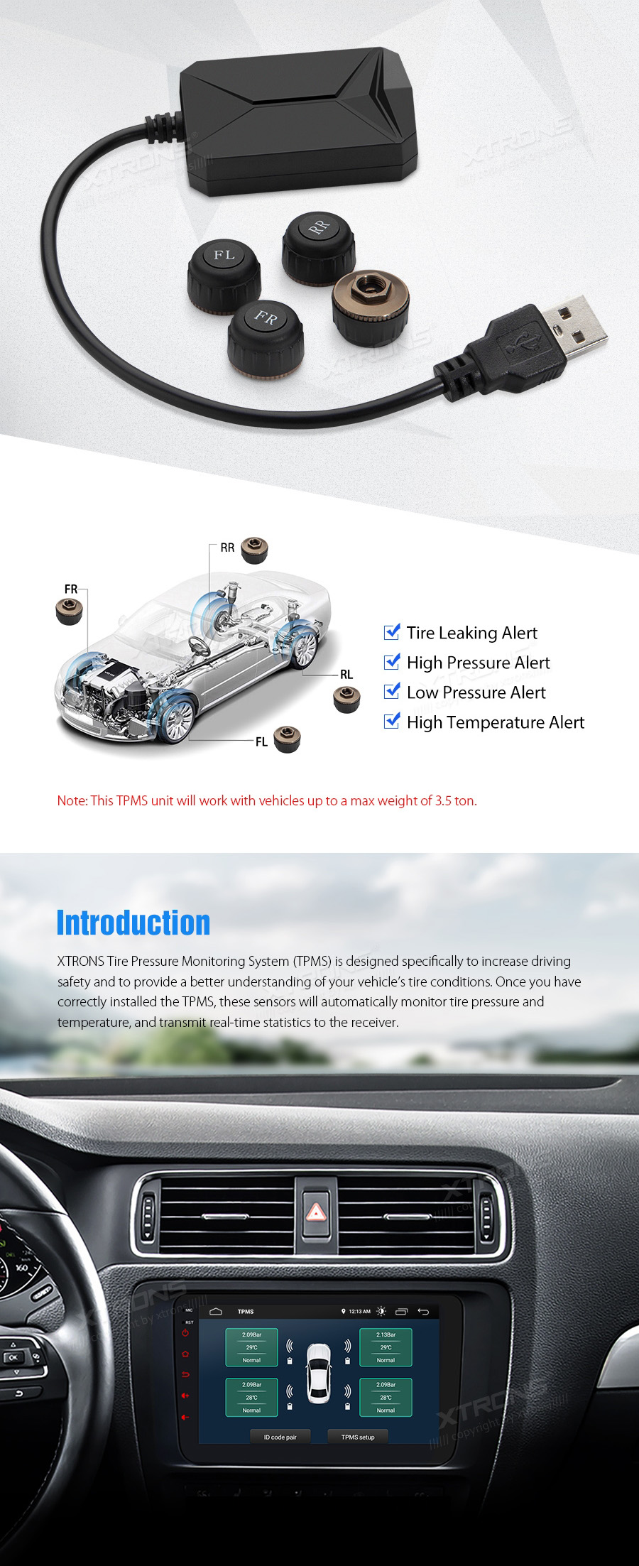 TPMS rehvirõhu jälgimissüsteem (ventiili korkidega) kokkusobiv PST ja PS seeria Xtrons android raadiotega XTRONS TPMS07