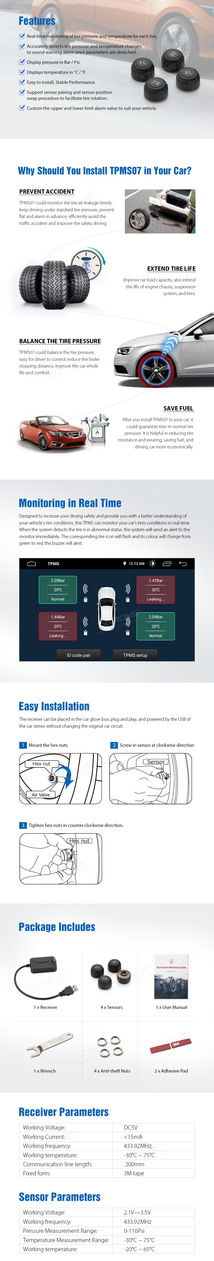 TPMS rehvirõhu jälgimissüsteem (ventiili korkidega) kokkusobiv PST ja PS seeria Xtrons android raadiotega XTRONS TPMS07