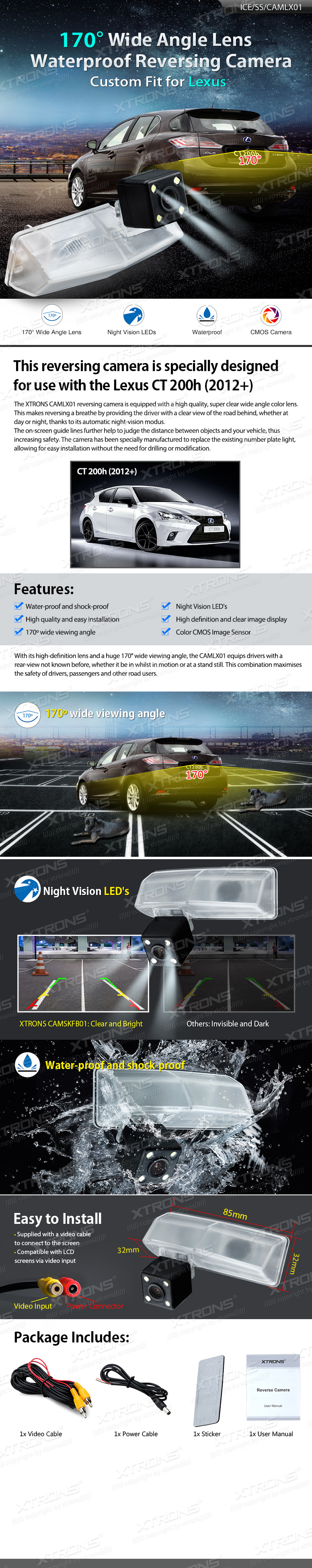 Lexus CT200h 2012+, Парковочная камера заднего вида Xtrons с разъемом RCA для Мультимедийная навигация Радио. Камера заднего вида для послепродажного радио