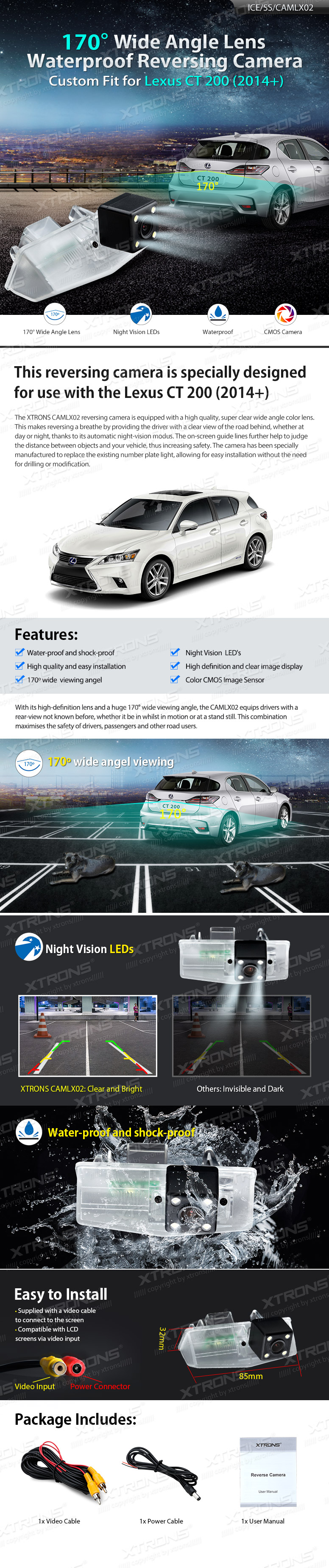 Lexus CT200 2014+, Xtrons peruutus pysäköintikamera RCA liittimellä multimedia navigointi radioon aftermarket näyttösoittimeen radio soitin