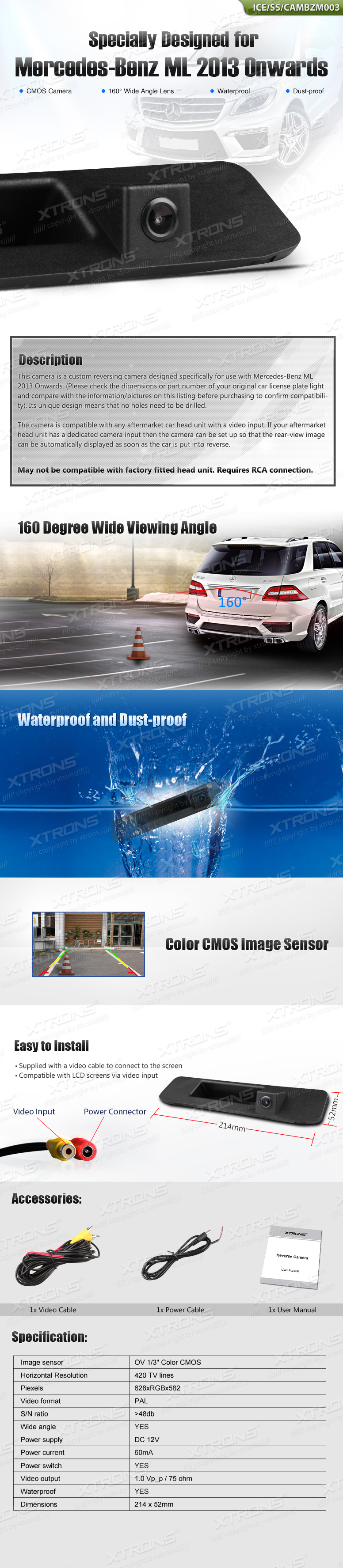 Mercedes-Benz ML 2013-2015 Luugi k?epidemega parkimiskaamera, RCA liitmikuga Xtrons tagurdus / parkimiskaamera multimeedia naviraadiole