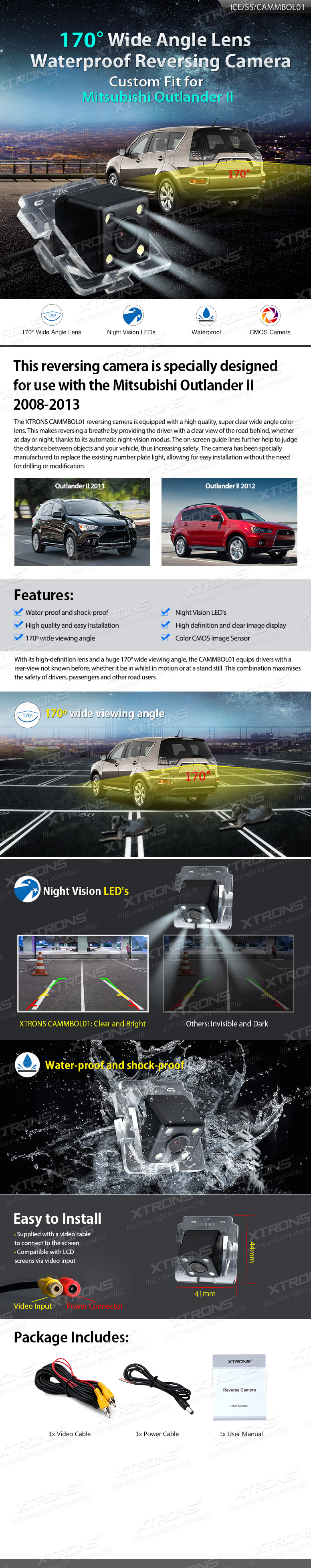 Mitsubishi Outlander II (2008-2013), Парковочная камера заднего вида Xtrons с разъемом RCA для Мультимедийная навигация Радио. Камера заднего вида для послепродажного радио