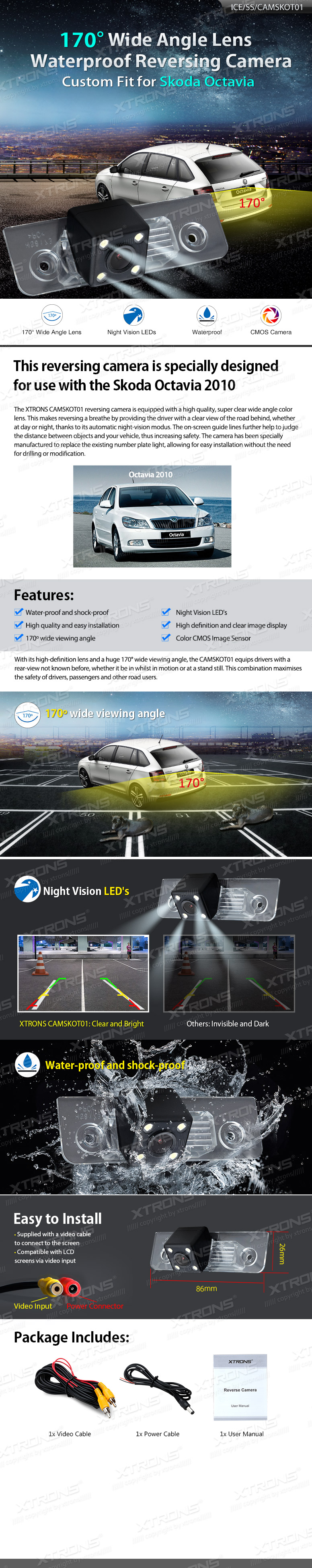 Skoda Octavia 2010, Xtrons peruutus pysäköintikamera RCA liittimellä multimedia navigointi radioon aftermarket näyttösoittimeen radio soitin