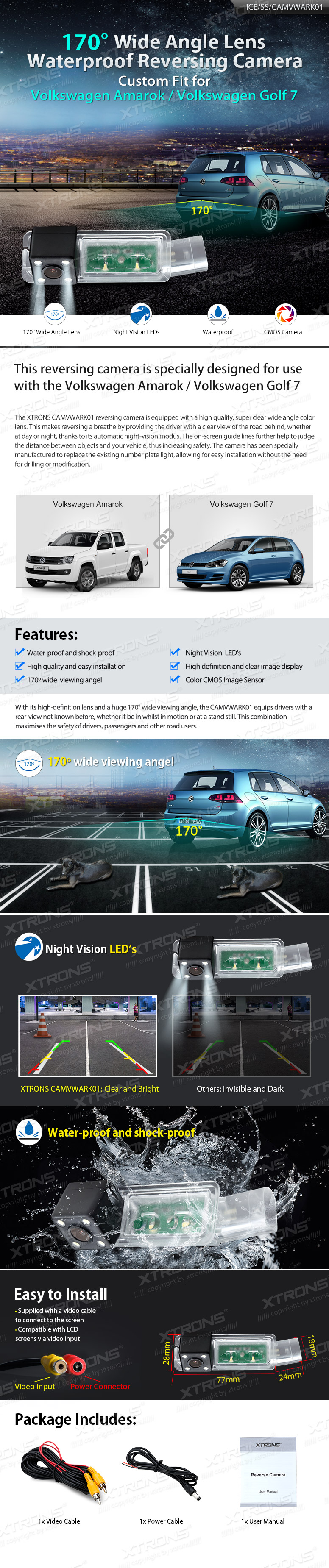 Volkswagen Golf 7 / Amarok, Xtrons Parking Rear View Camera with RCA Connector for Multimedia Navigation Radio. Rear view camera for aftermarket radio