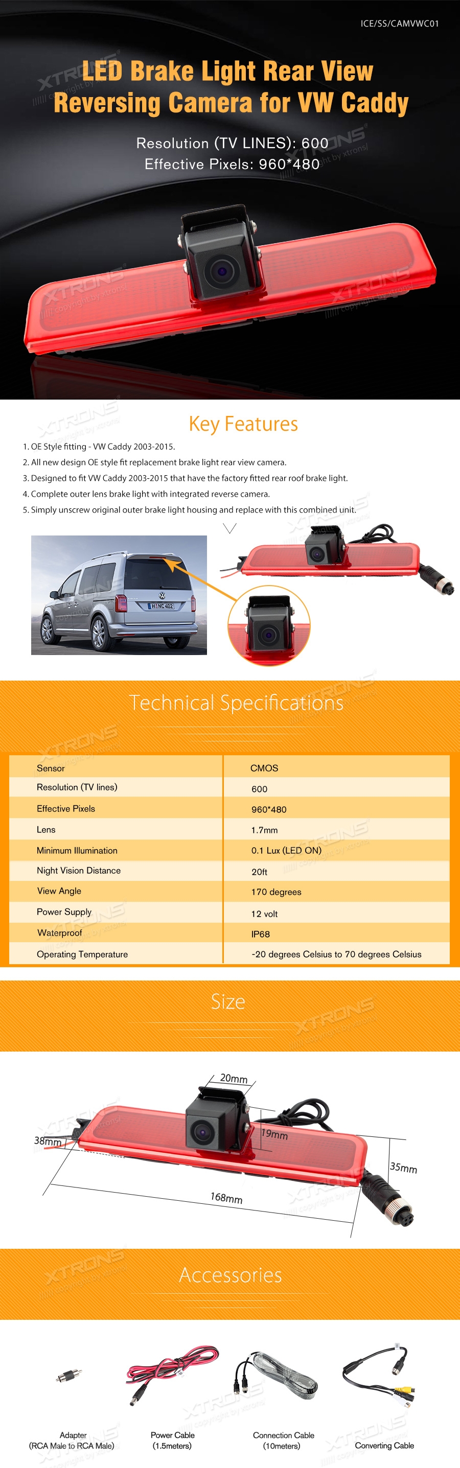 Volkswagen VW Caddy 2003-2015 , Парковочная камера заднего вида Xtrons с разъемом RCA для Мультимедийная навигация Радио. Камера заднего вида для послепродажного радио