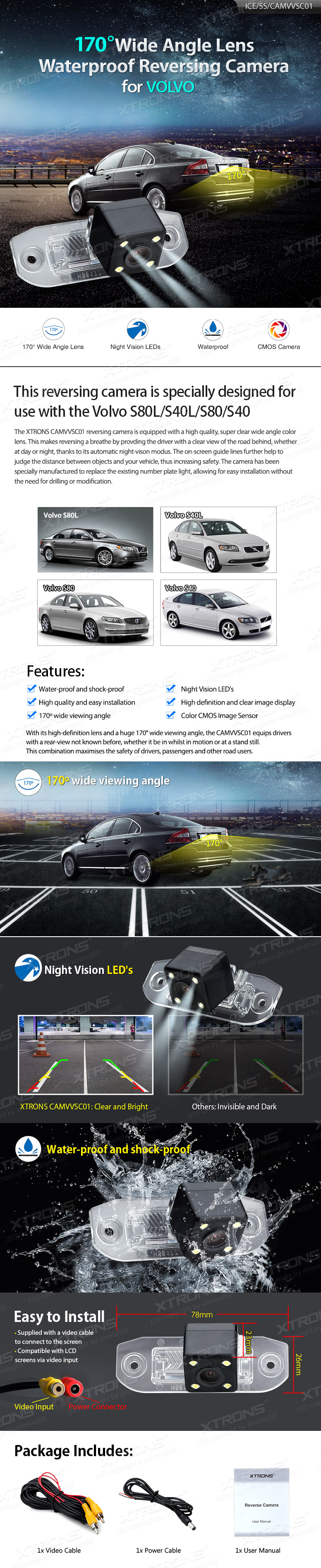 Volvo S80L/S40L/S80/S40, Xtrons Parking Rear View Camera with RCA Connector for Multimedia Navigation Radio. Rear view camera for aftermarket radio