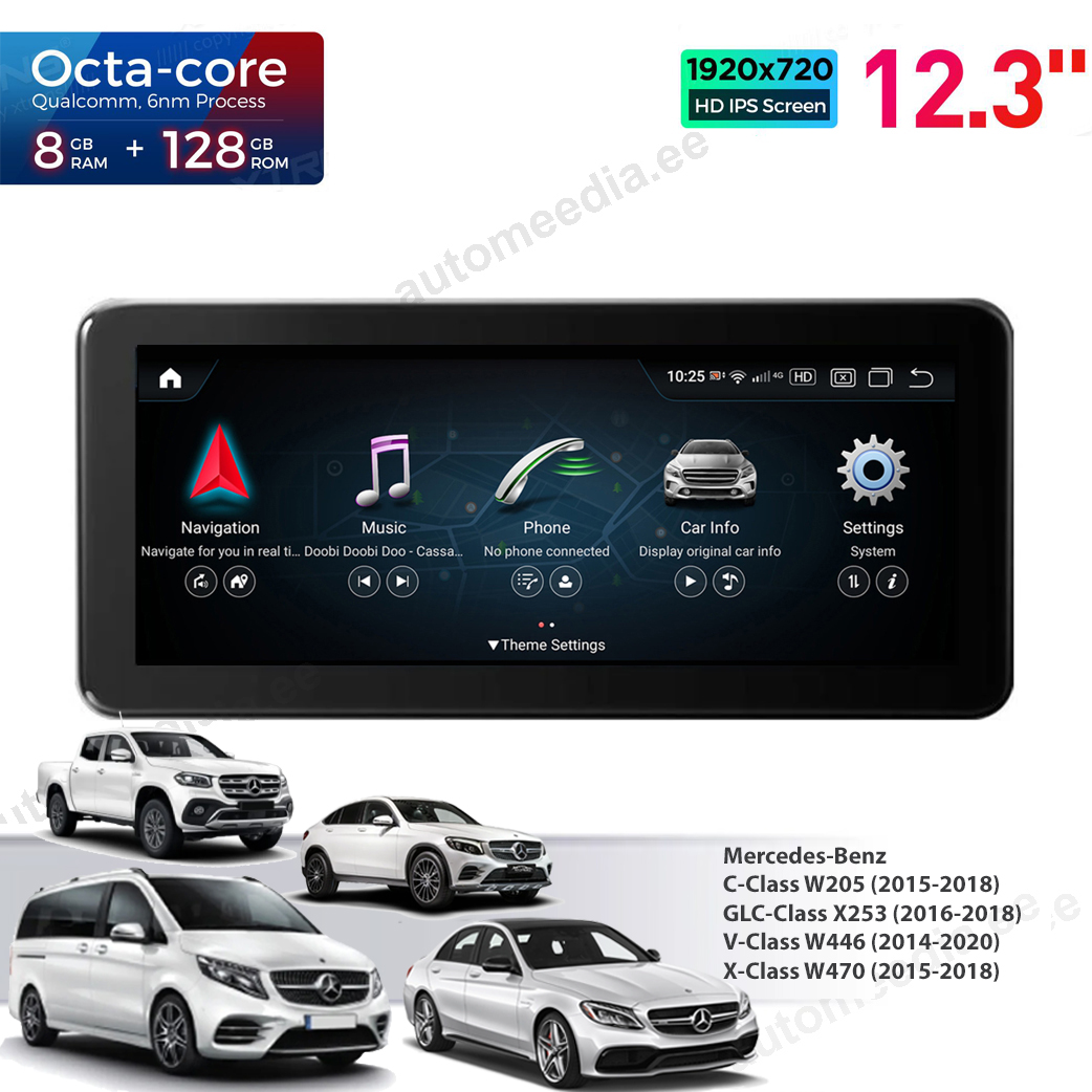 8+128Gb | 12.3" | Mercedes-Benz V-Class (2015-2020) | C-Class (2015-2018) | GLC (2015-2018) | X-Class W470 (2015-2019) | NTG5.0 | NTG5.2 Android 13 auto GPS radio ja multimedia näyttösoitin