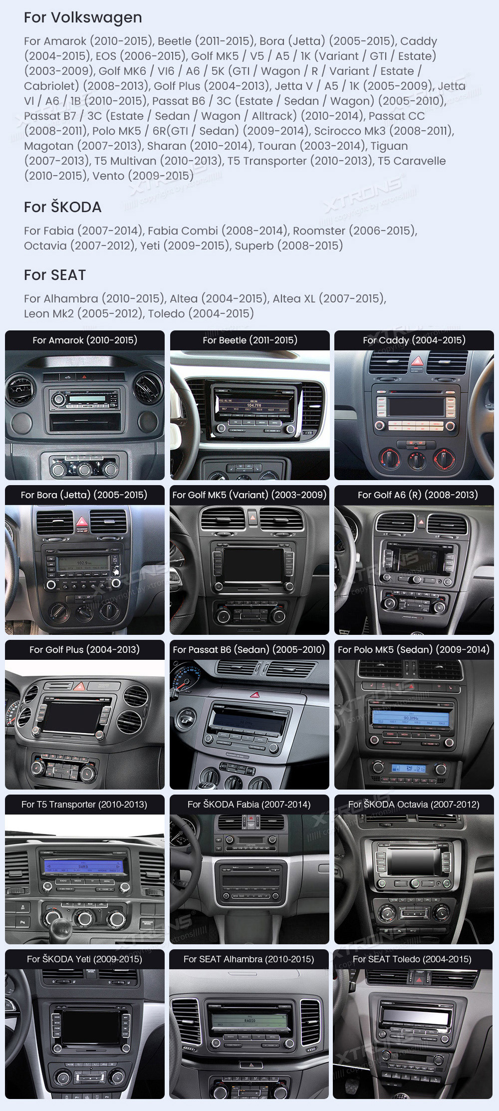 VW Universal | Passat B6 | B7 | Multivan | Transporter T5 | T6 | Amarok | Tiguan | Touran | Sharan | Polo | Tiguan  Automedia F0722 raadio sobivus autole