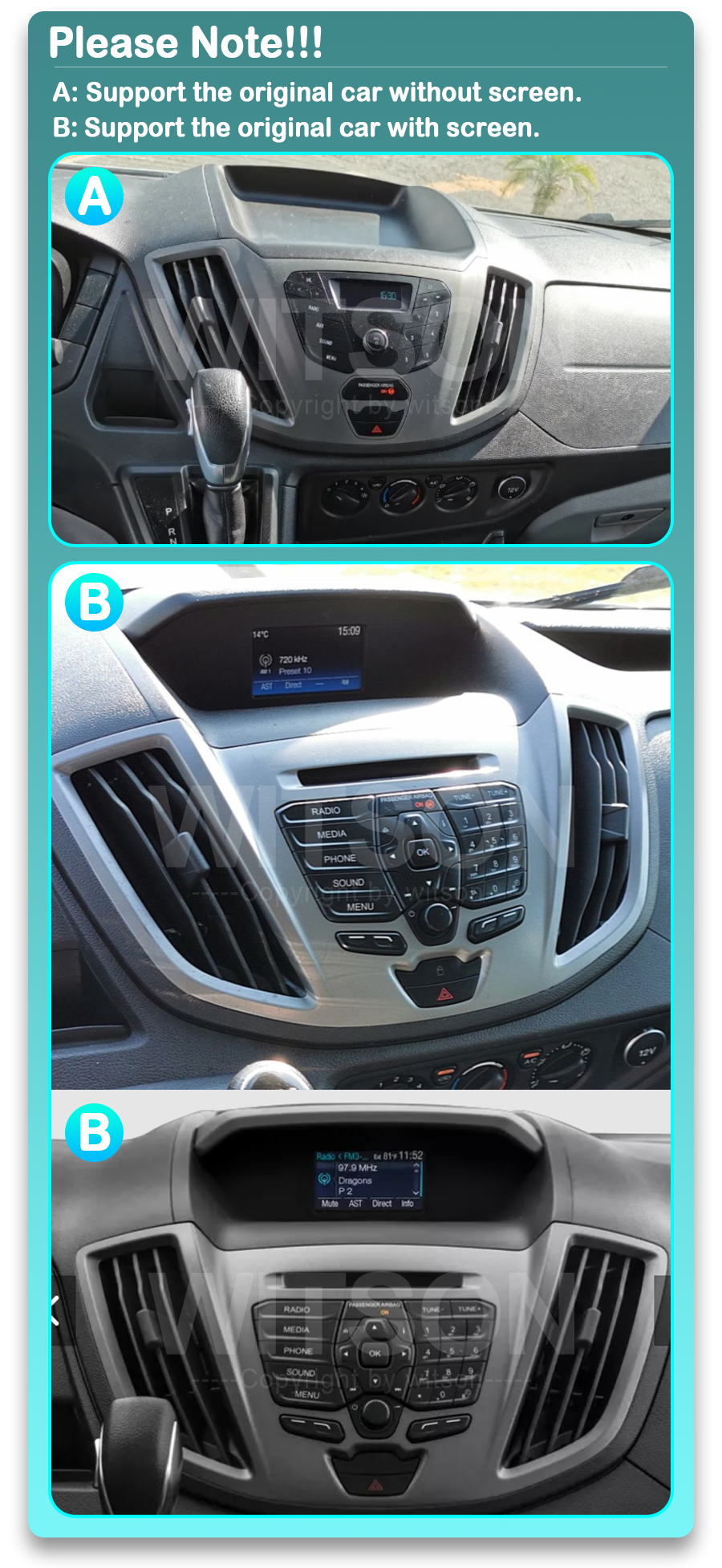 Ford Transit (2014-2018)  Automedia WTS-8497 Automedia WTS-8497 совместимость мультимедийного радио в зависимости от модели автомобиля