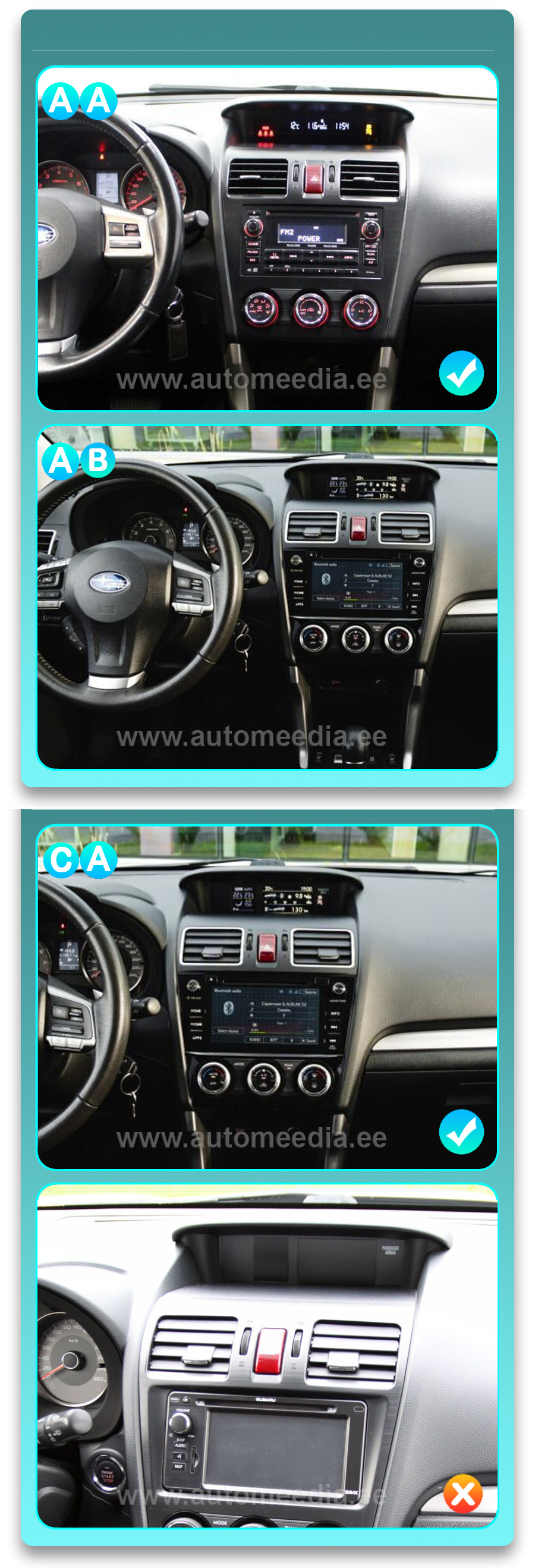 Subaru Forester XV 2013 - 2015  Automedia WTS-9501 Automedia WTS-9501 mallikohtaisen multimediaradion soveltuvuus autoon