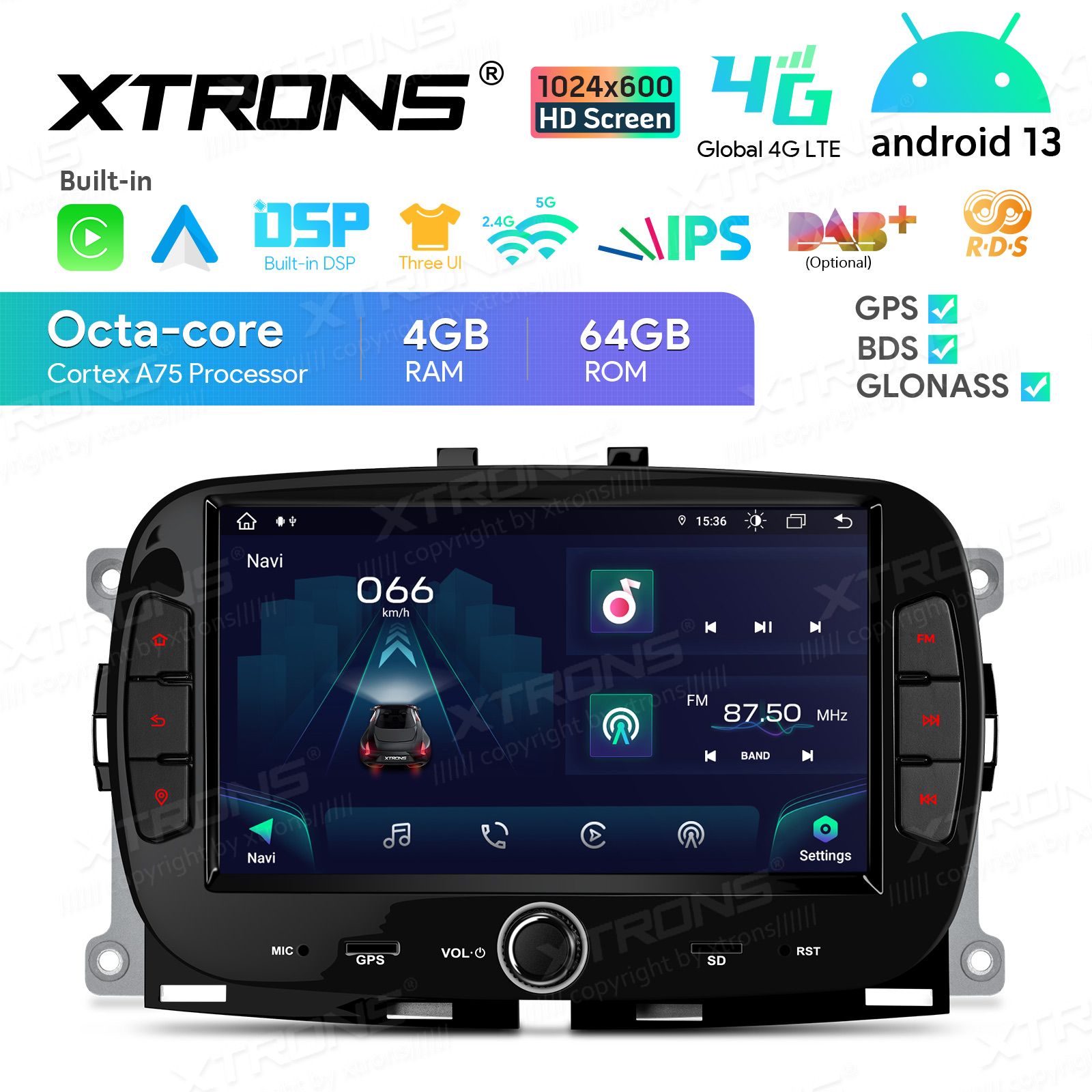 Fiat 500 (2016-2021) Android 13  | GPS autoraadio ja multimeedia keskus