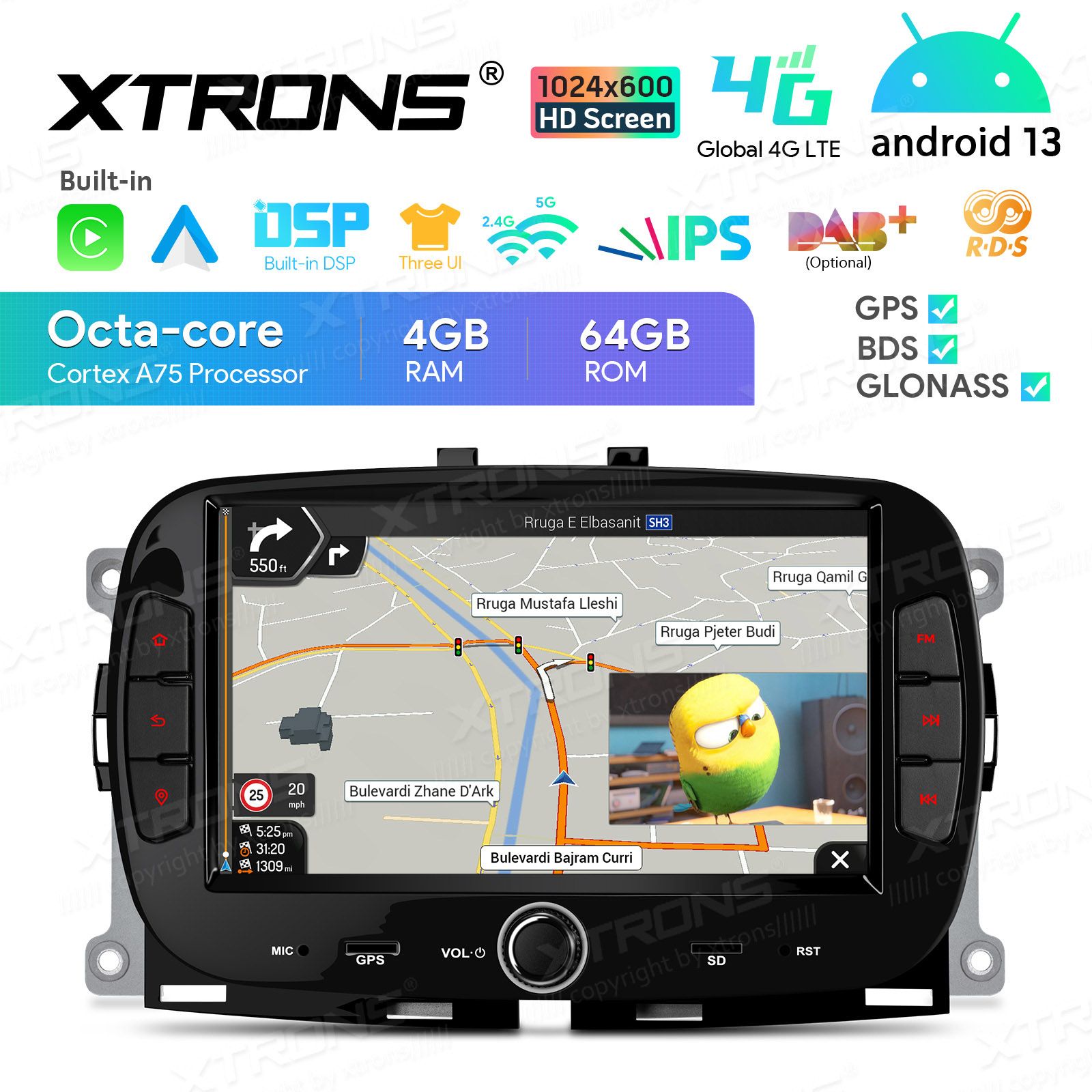 Fiat 500 (2016-2021) Android 13  | GPS autoraadio ja multimeedia keskus
