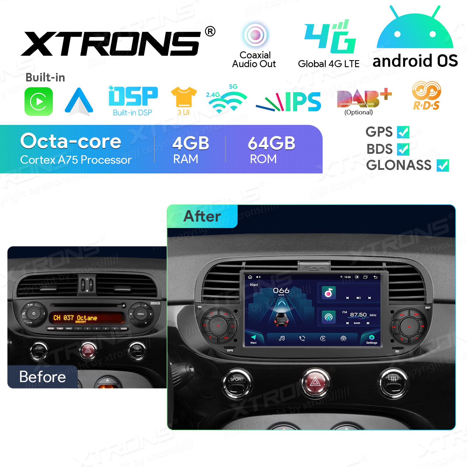 Fiat 500 (2016-2021) Android 13  | GPS autoraadio ja multimeedia keskus