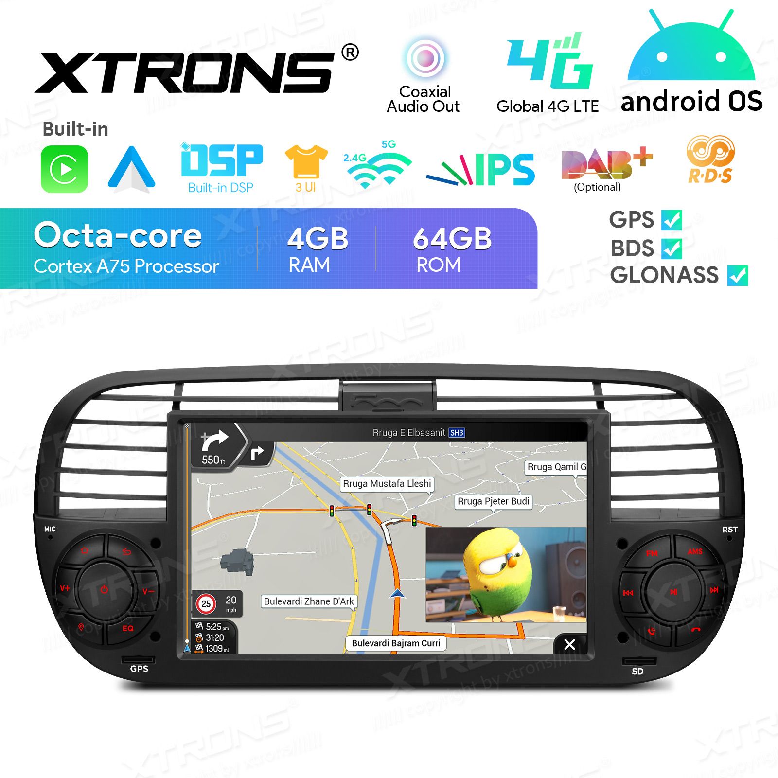 Fiat 500 (2016-2021) Android 13  | GPS autoraadio ja multimeedia keskus