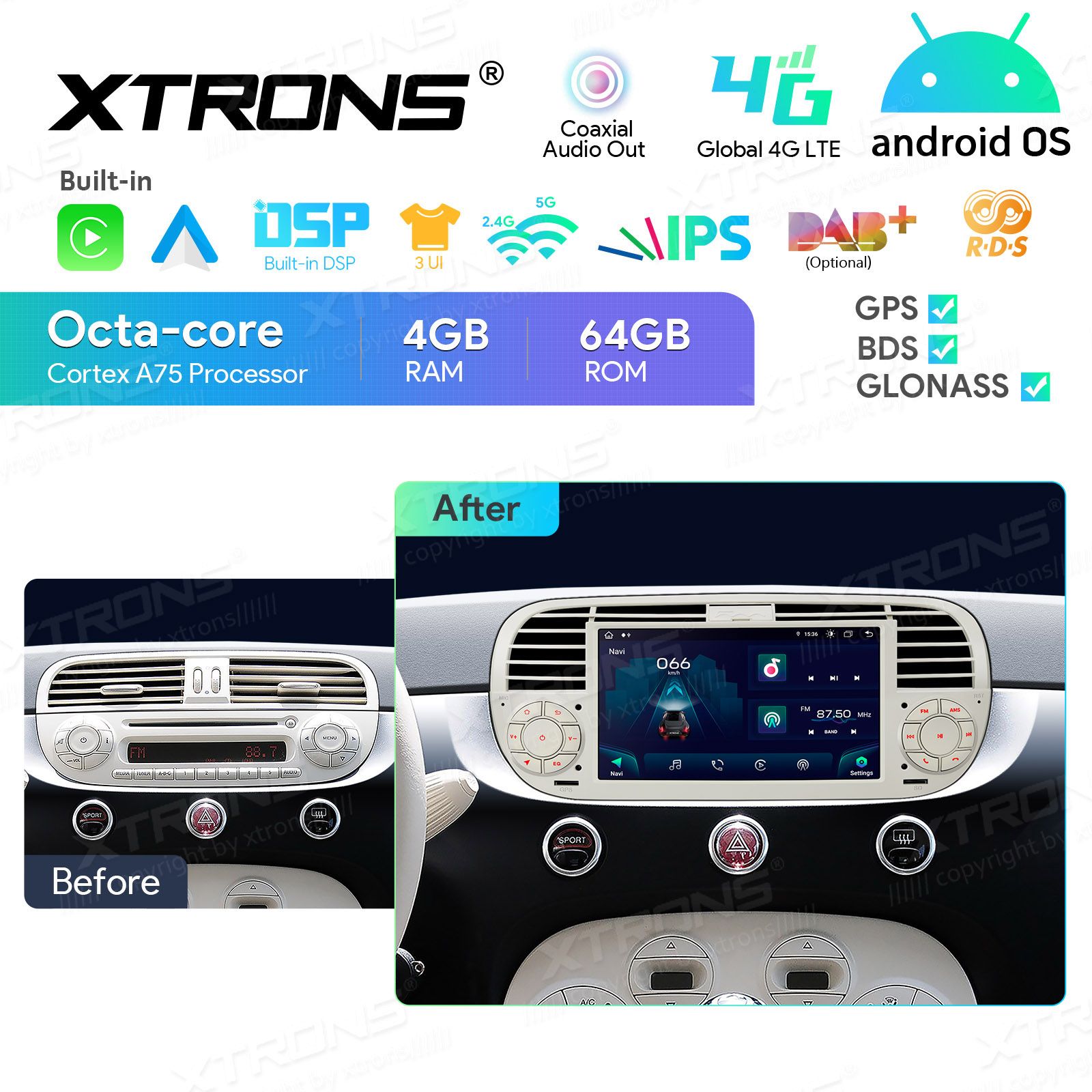 Fiat 500 (2007-2015) Android 13  | GPS autoraadio ja multimeedia keskus