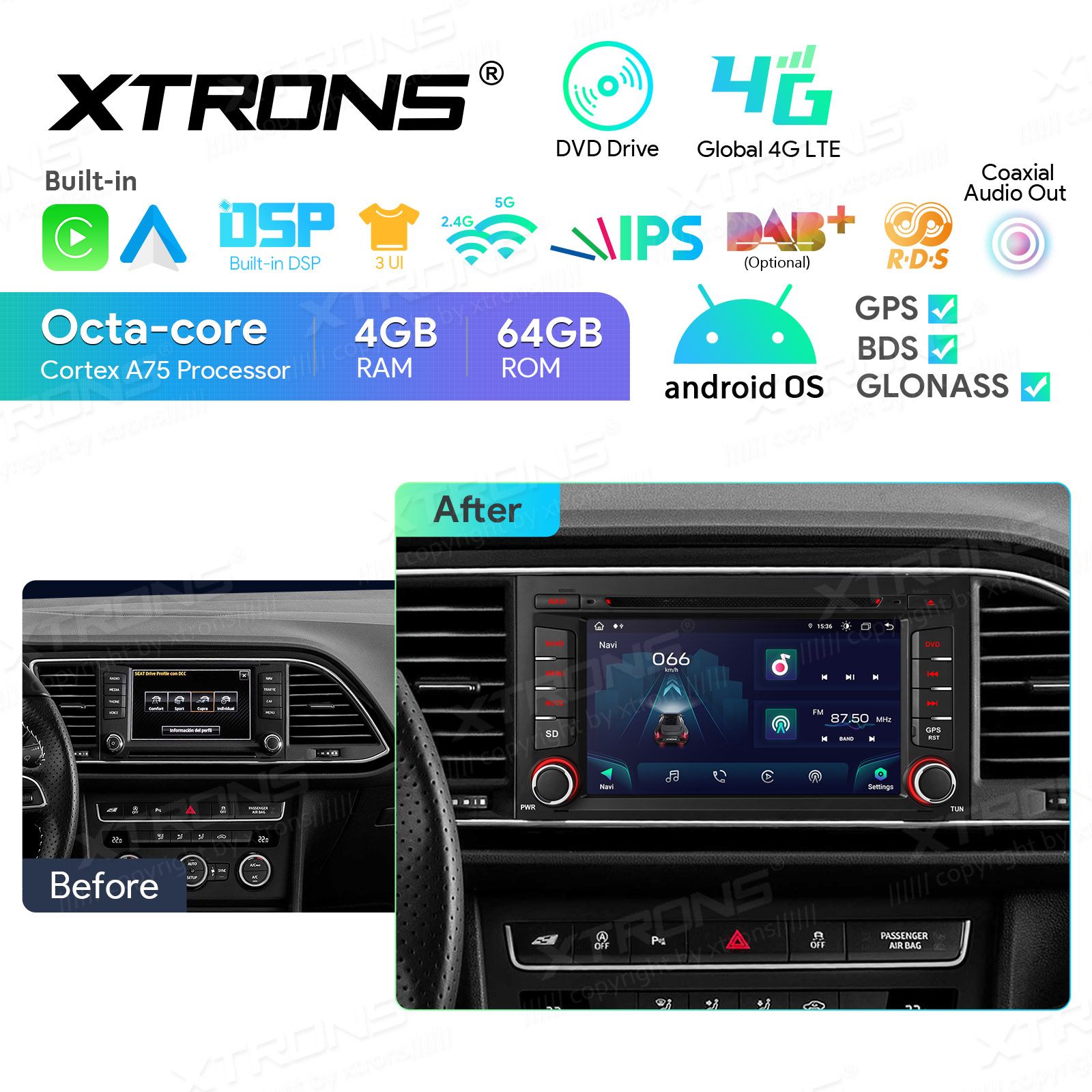 Seat Leon 2012-2019) Android 13  | GPS autoraadio ja multimeedia keskus