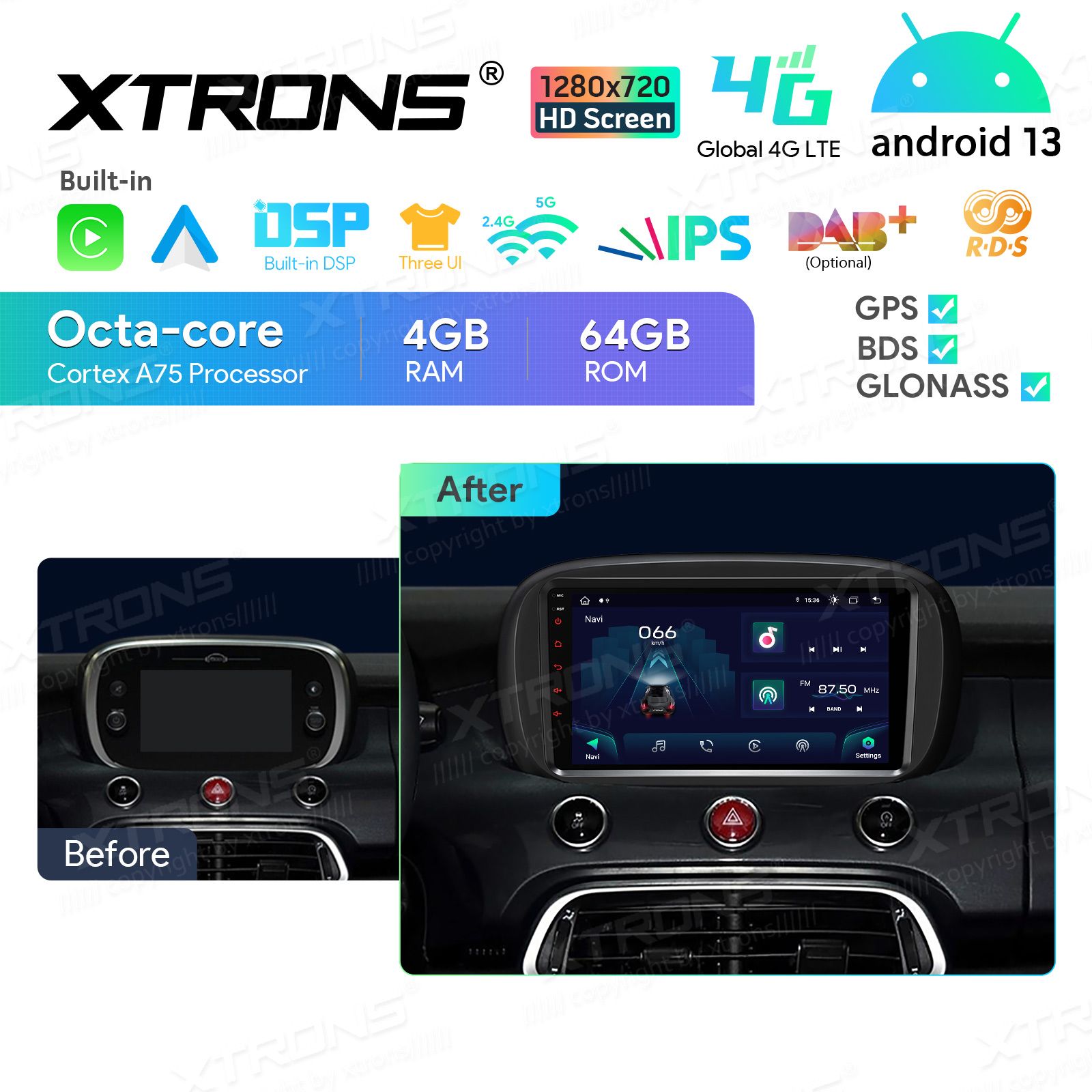 Fiat 500 (2016-2021) Android 13  | GPS autoraadio ja multimeedia keskus