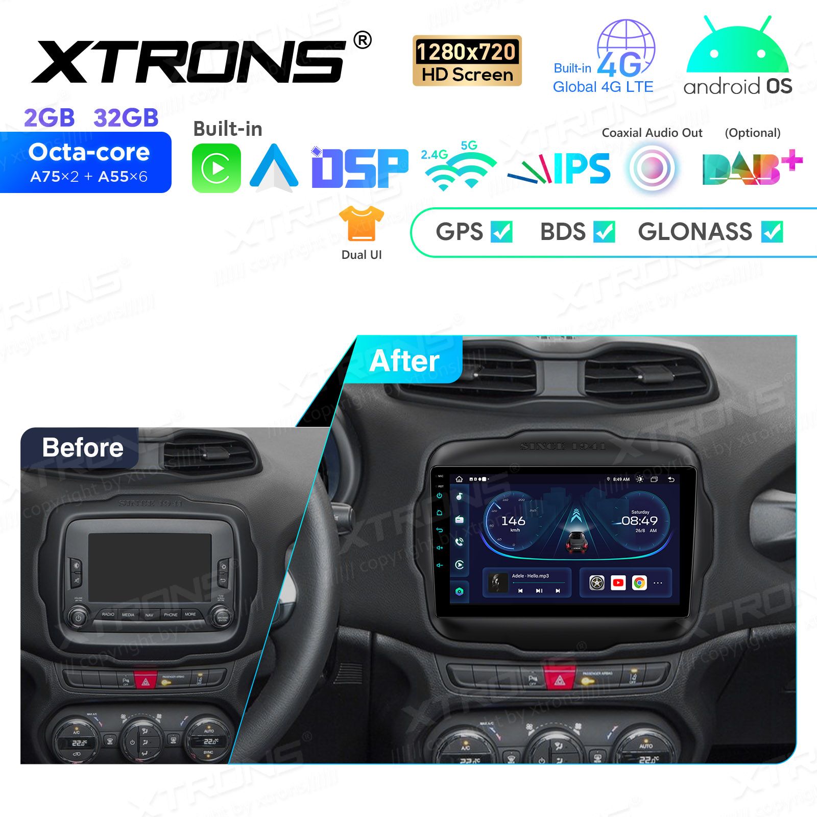 Jeep Renegade (2015-2020) Android 12  | GPS autoraadio ja multimeedia keskus