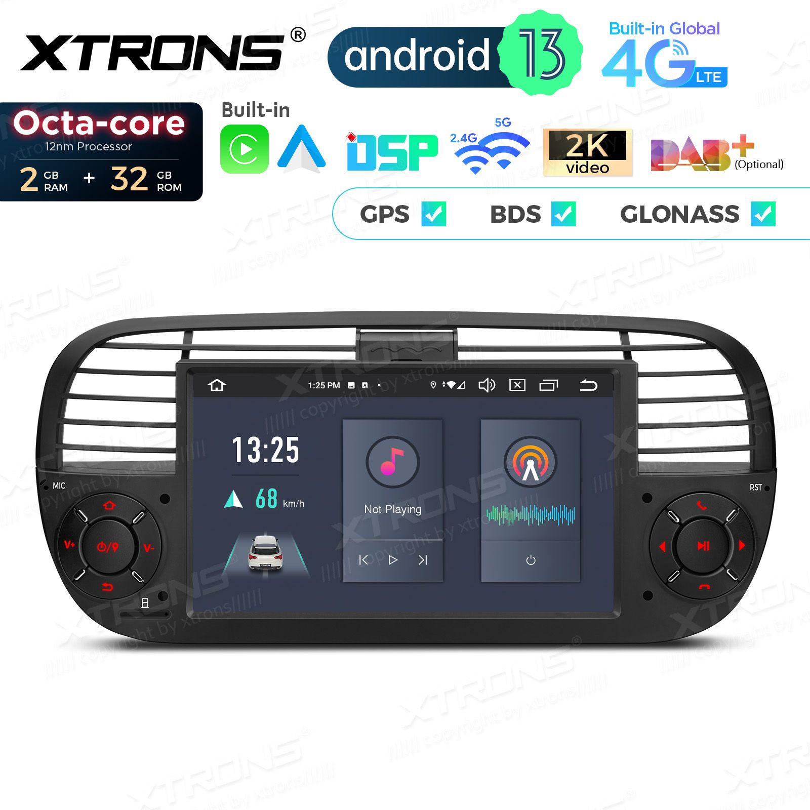 Fiat 500 (2007-2015) Android 12  | GPS autoraadio ja multimeedia keskus