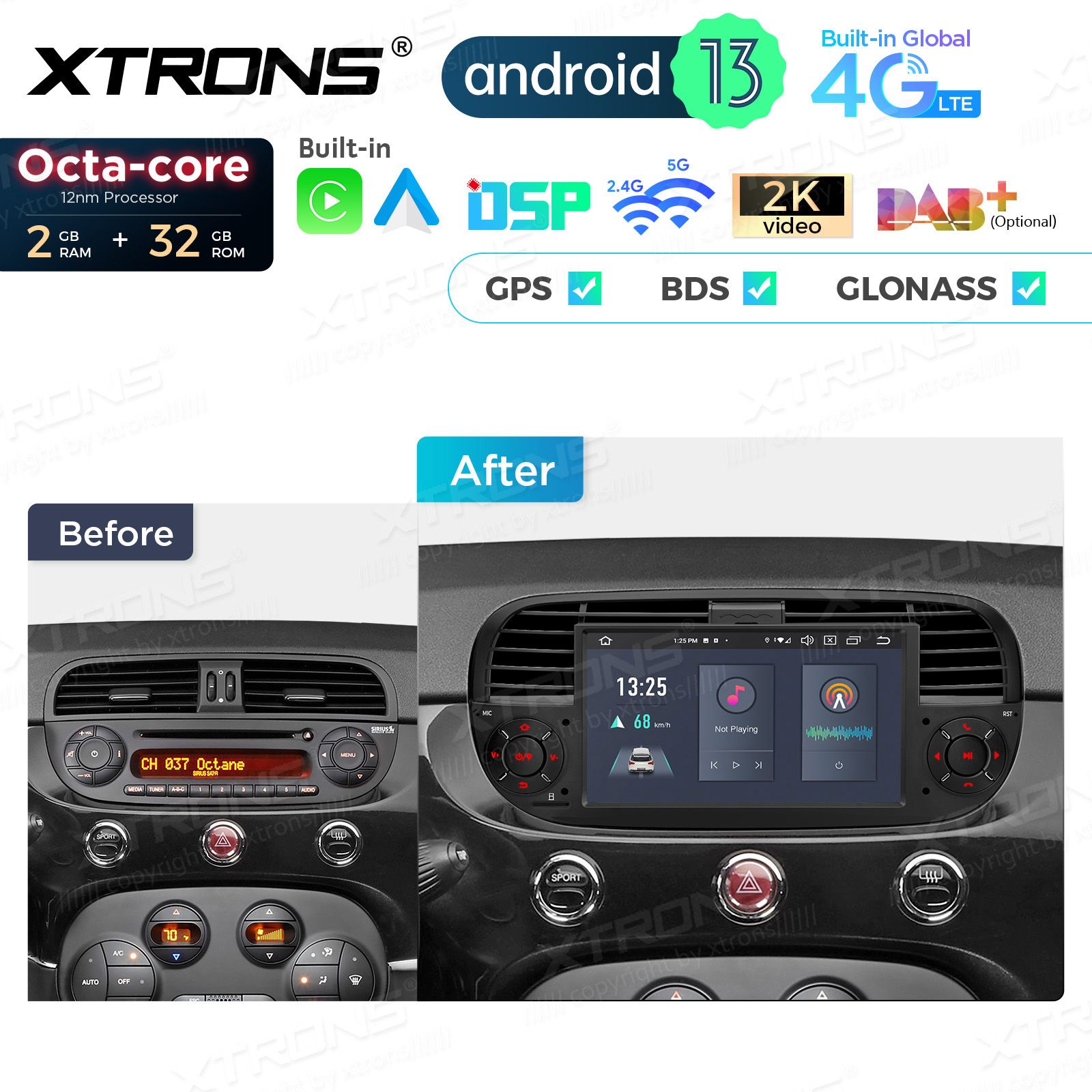 Fiat 500 (2007-2015) Android 12  | GPS autoraadio ja multimeedia keskus