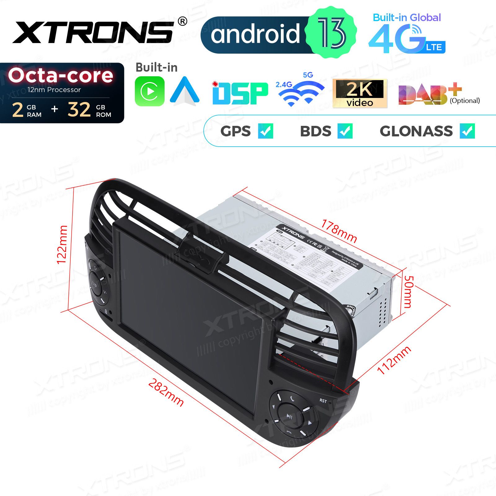 Fiat 500 (2007-2015) Android 12  | GPS autoraadio ja multimeedia keskus