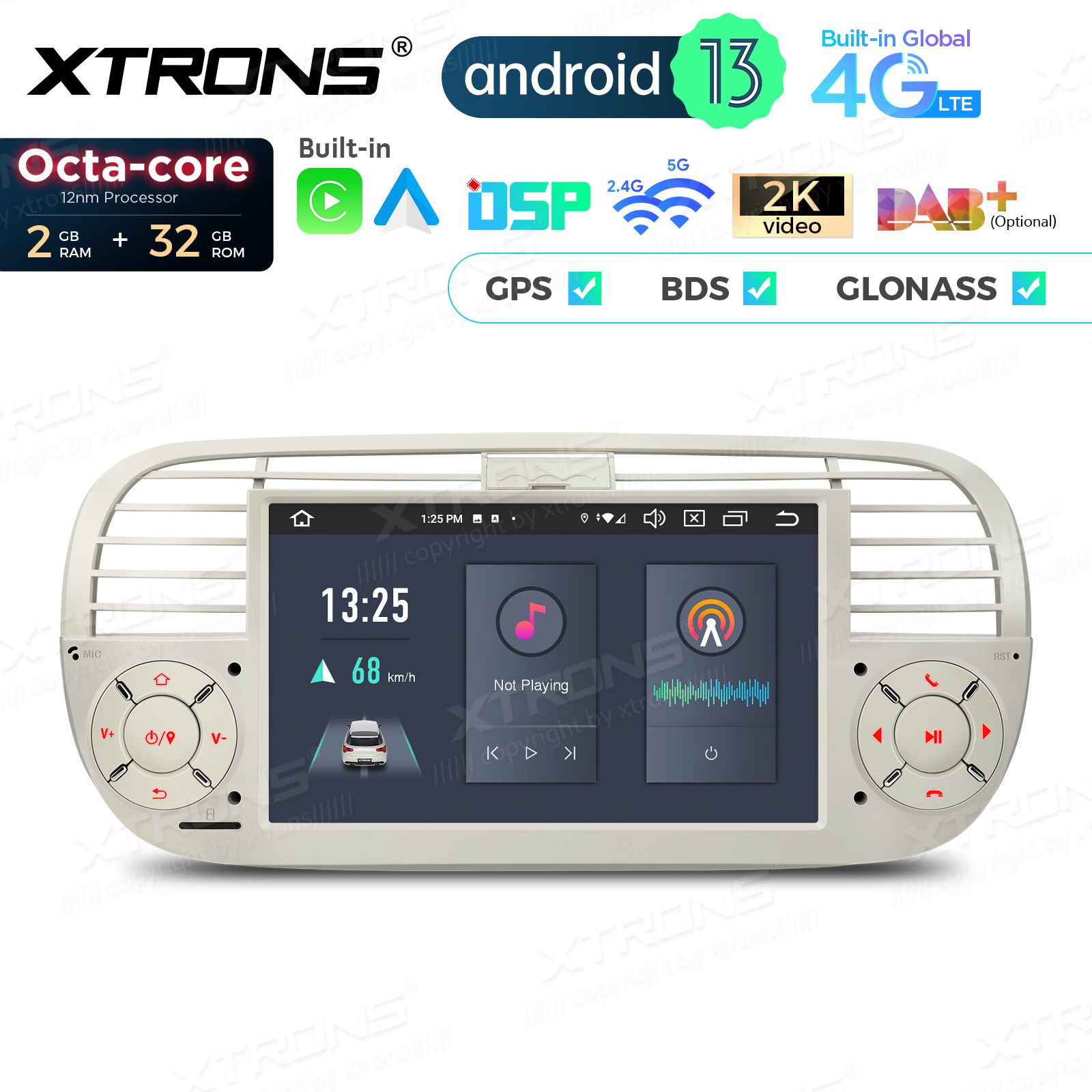 Fiat 500 (2007-2015) Android 12  | GPS autoraadio ja multimeedia keskus