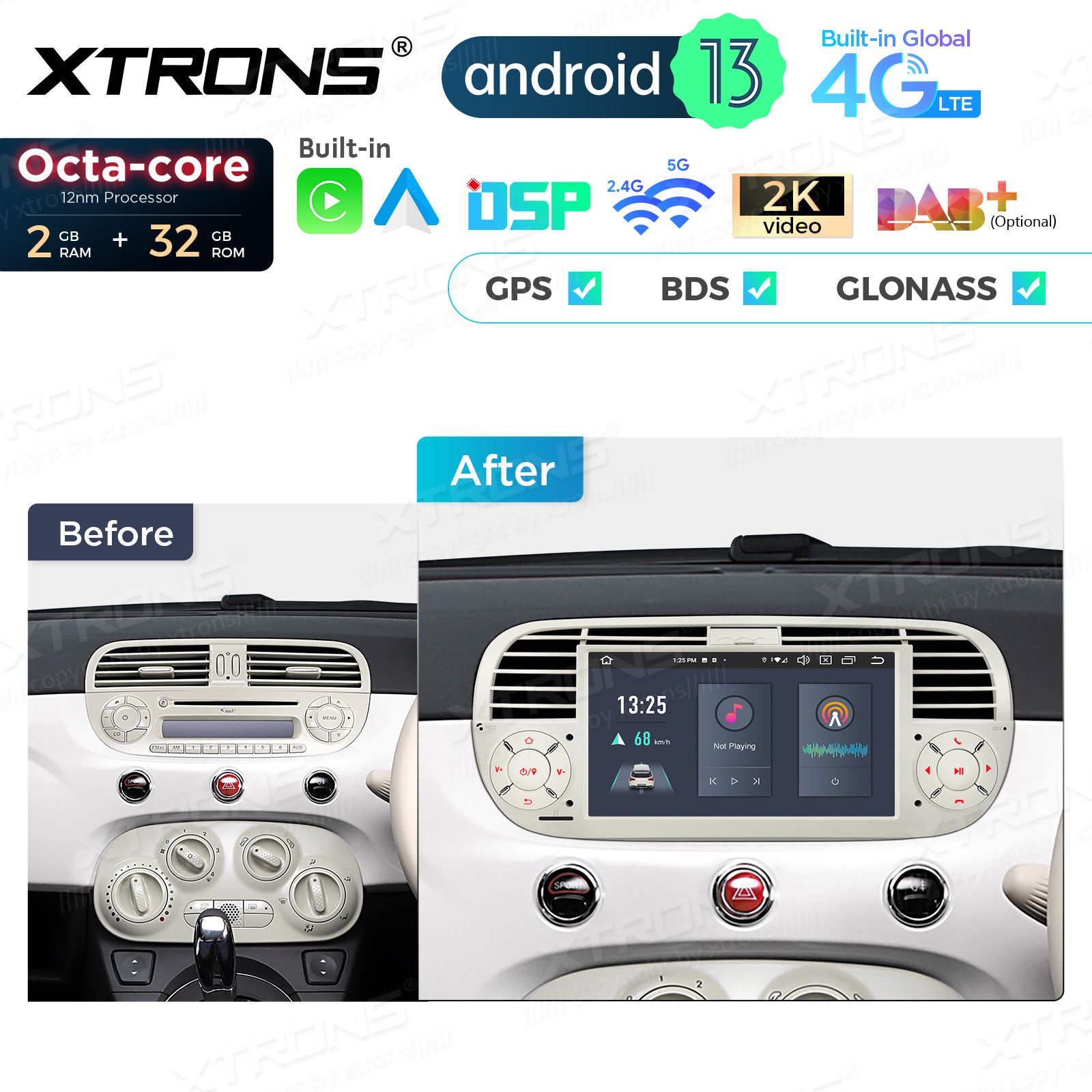 Fiat 500 (2007-2015) Android 12  | GPS autoraadio ja multimeedia keskus