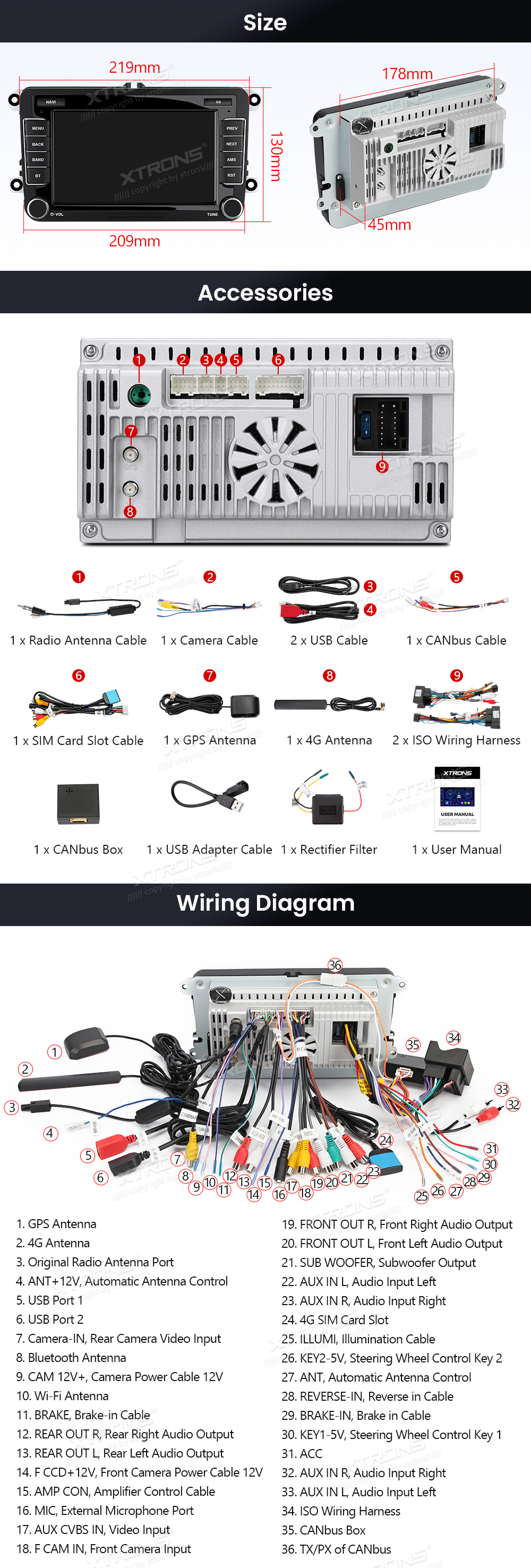 XTRONS ID70MTVL XTRONS ID70MTVL mõõdud ühendamine ja pistikute skeem