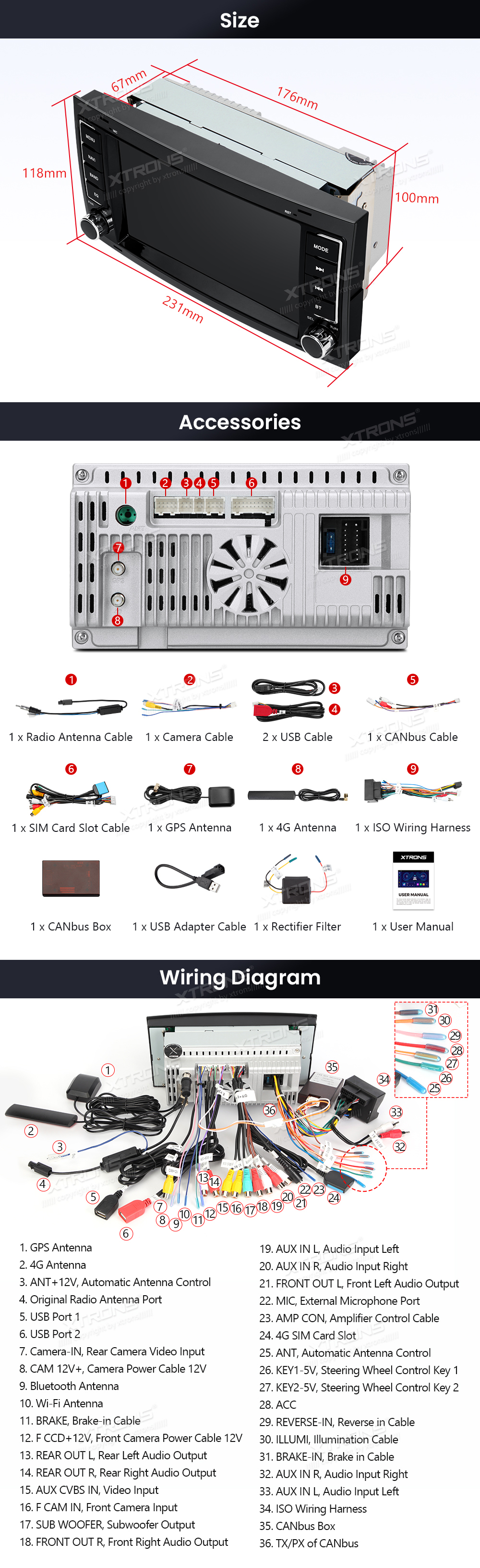 XTRONS ID70TRVL XTRONS ID70TRVL mõõdud ühendamine ja pistikute skeem