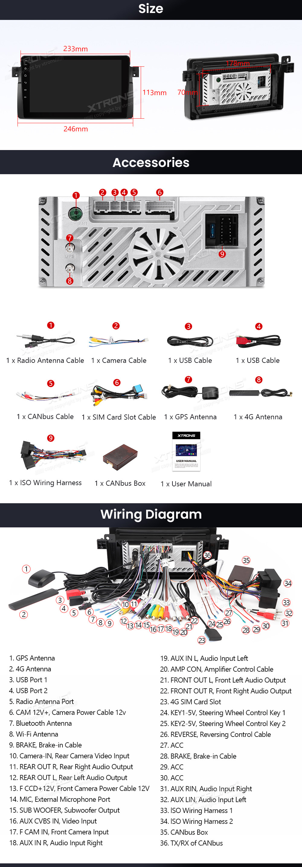 XTRONS IDP9046B XTRONS IDP9046B mõõdud ühendamine ja pistikute skeem