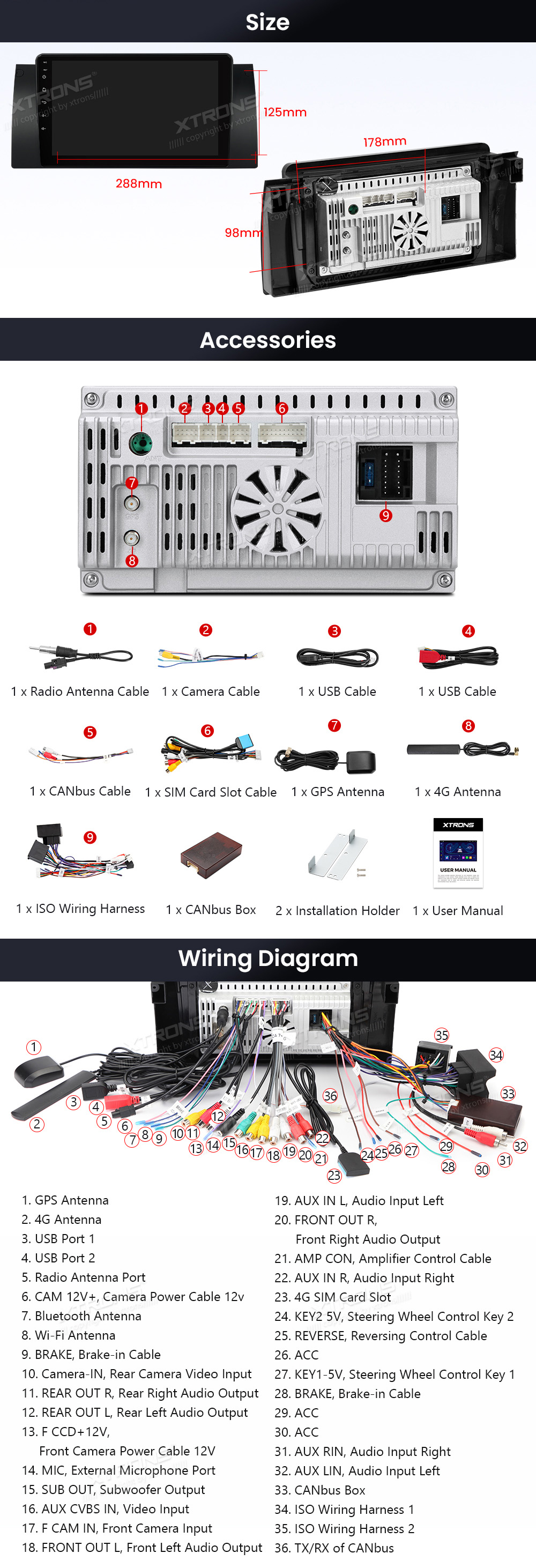 XTRONS IDP9053B XTRONS IDP9053B mõõdud ühendamine ja pistikute skeem