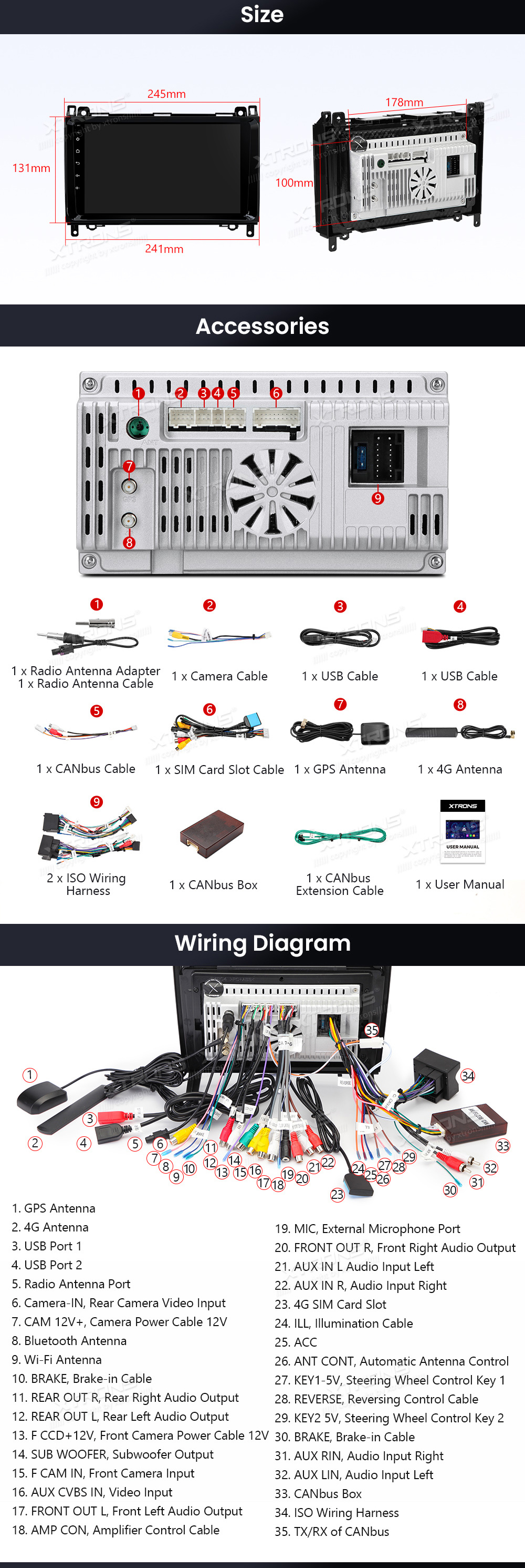 XTRONS IDP90M245 XTRONS IDP90M245 mõõdud ühendamine ja pistikute skeem