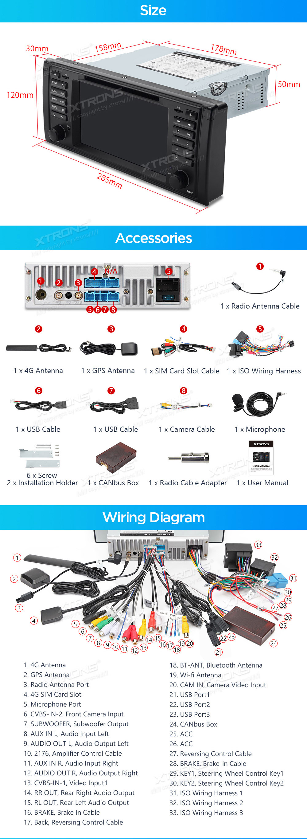 XTRONS PX7439BGS XTRONS PX7439BGS mõõdud ühendamine ja pistikute skeem